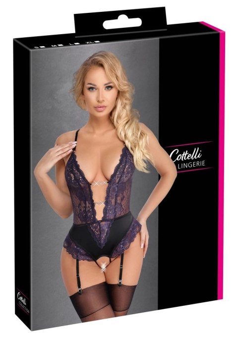 Cottelli LINGERIE - Body Z Fioletowej Koronki Z Paskami Do Pończoch Bez Krocza M