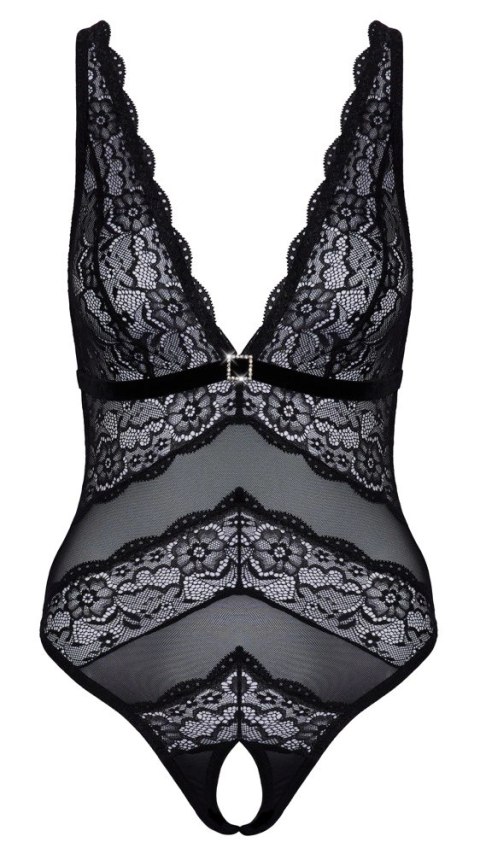 Cottelli LINGERIE - Elastyczne Czarne Body Bez Krocza Z Kwiatową Koronką XL