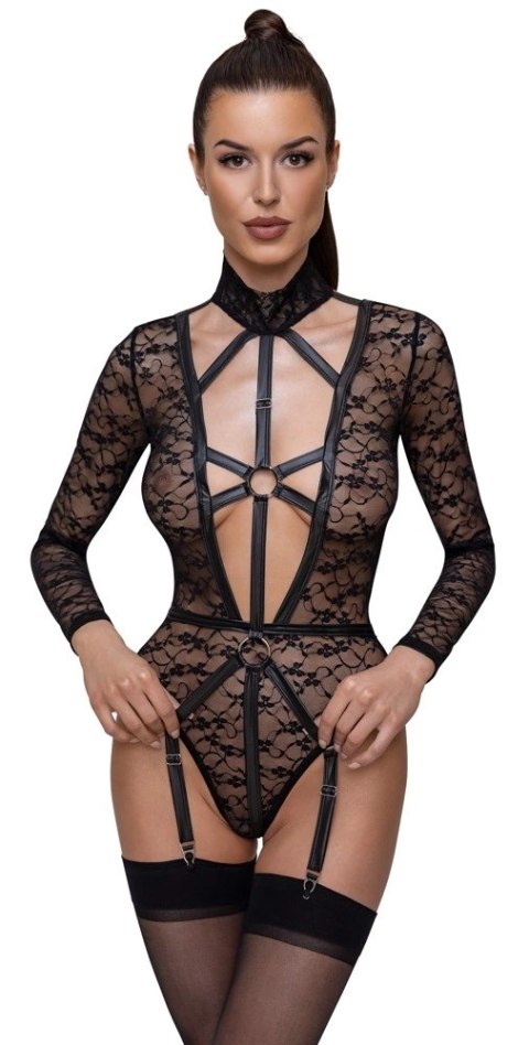 Cottelli LINGERIE - Seksowne Koronkowe Body Z Długim Rękawem Wygląd Uprzęży Czarne L