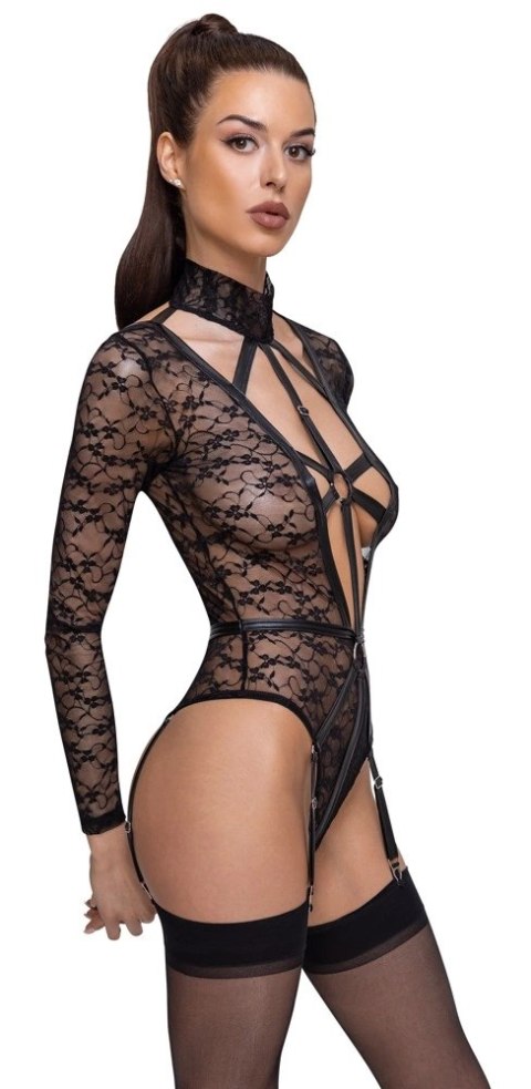 Cottelli LINGERIE - Seksowne Koronkowe Body Z Długim Rękawem Wygląd Uprzęży Czarne S