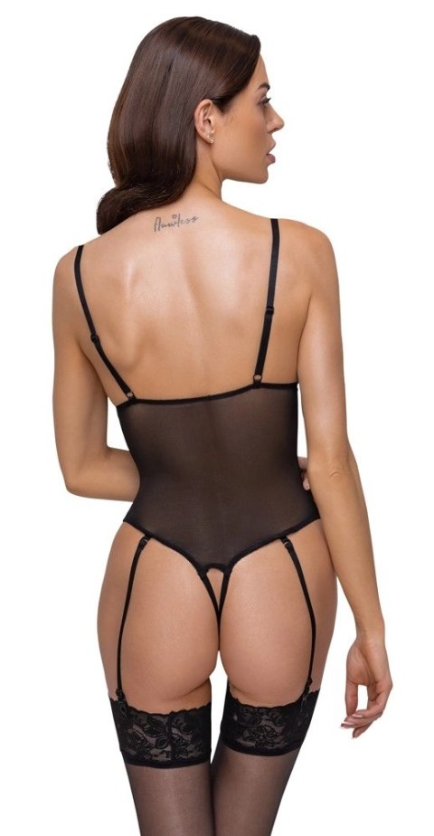 Cottelli LINGERIE - Czarne Siateczkowe Body Z Delikatną Koronką Bez Krocza XL