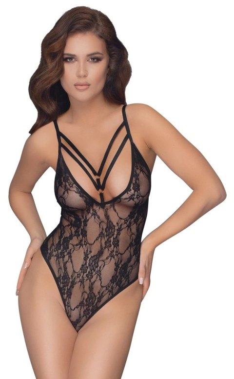 Cottelli LINGERIE - Seksowne Koronkowe Body Z Ozdobnymi Paskami Czarne L