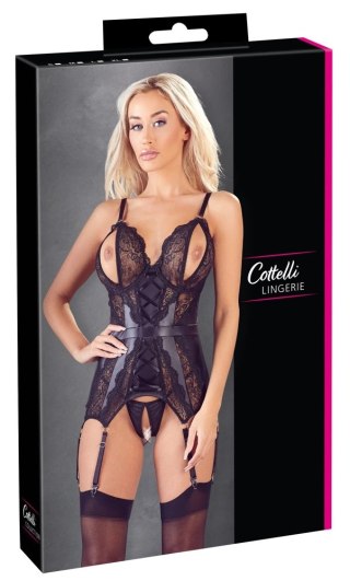 Cottelli LINGERIE - Koronkowa Koszulka Z Otwartymi Miseczkami I Stringi Bez Krocza Czarne L