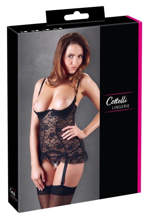 Cottelli LINGERIE - Koronkowa Koszulka Z Paskami Do Pończoch Bez Miseczek + Stringi 80C/L