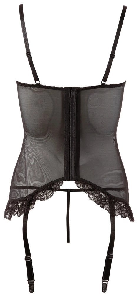 Cottelli LINGERIE - Koronkowa Koszulka Z Paskami Do Pończoch Bez Miseczek + Stringi 80C/L