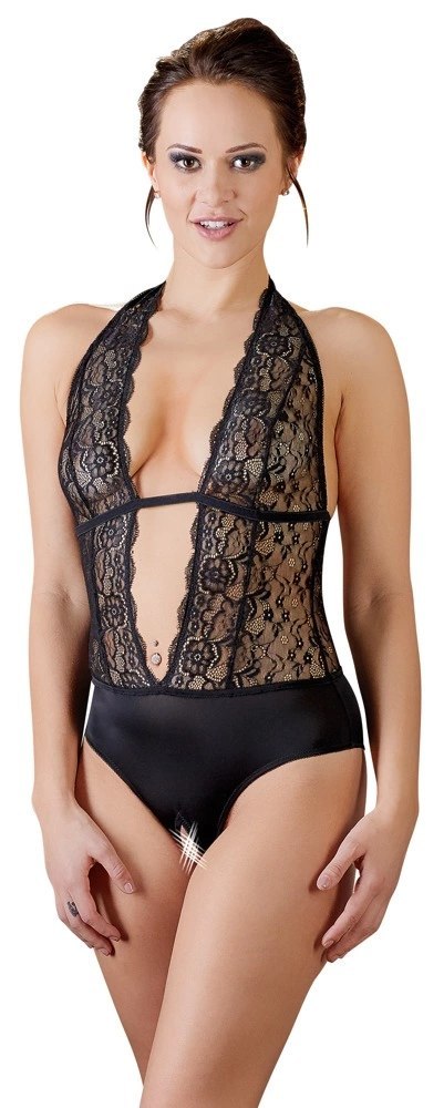 Cottelli LINGERIE - Koronkowe Czarne Body Z Otwartym Kroczem XL