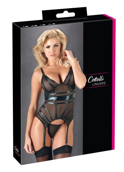 Cottelli LINGERIE - Seksowna Siateczkowa Koszulka Z Paskami Do Pończoch + Stringi Czarne XL