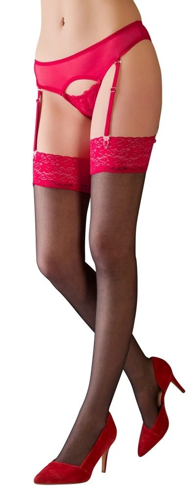 Cottelli LEGWEAR - Czarne Pończochy Z Seksowną Czerwoną Koronką 4