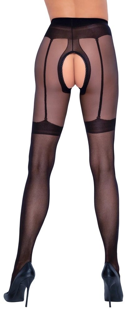 Cottelli LEGWEAR - Seksowne Czarne Rajstopy Z Wzorem Pończoch Otwarty Krok 2