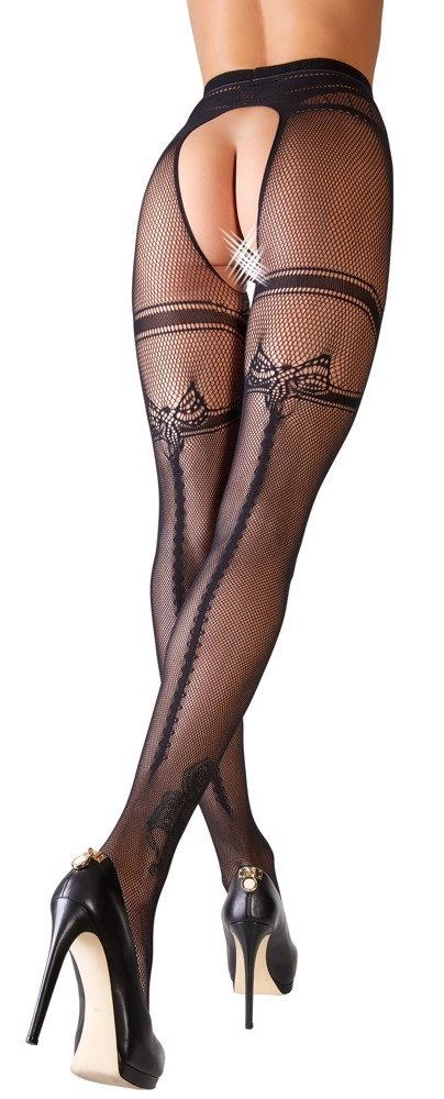 Cottelli LEGWEAR - Czarne Siateczkowe Rajstopy Z Podwiązka Bez Krocza 2XL