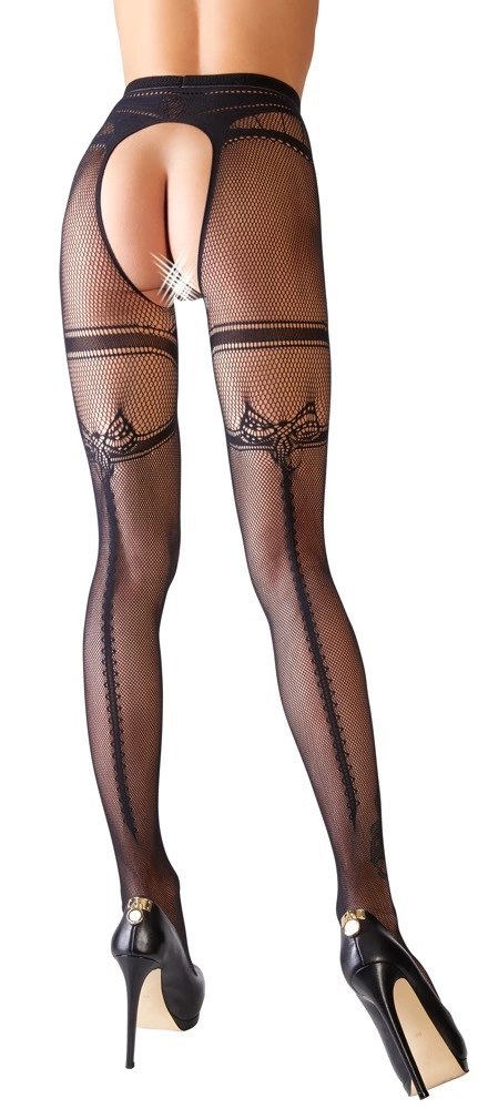 Cottelli LEGWEAR - Czarne Siateczkowe Rajstopy Z Podwiązka Bez Krocza L/XL