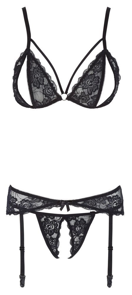 Cottelli LINGERIE - 3-Częściowy Zestaw Z Delikatnej Kwiatowej Koronki Czarny XL