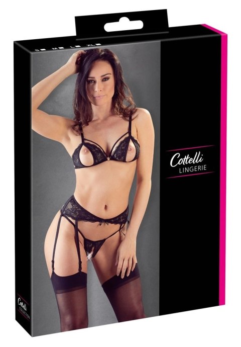 Cottelli LINGERIE - 3-Częściowy Zestaw Z Delikatnej Kwiatowej Koronki Czarny L