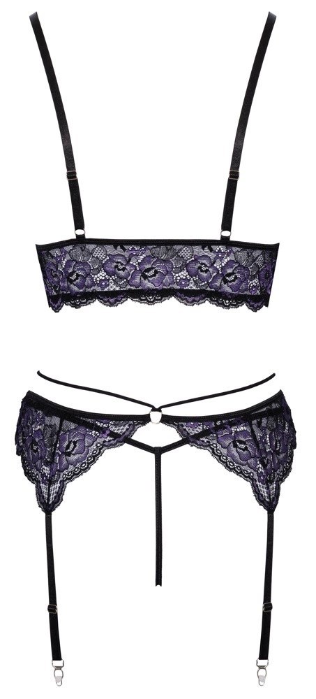 Cottelli LINGERIE - Seksowna Koronkowa Braletka Pas Do Pończoch I Stringi Czarny-Fioletowy L