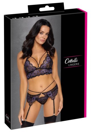 Cottelli LINGERIE - Seksowna Koronkowa Braletka Pas Do Pończoch I Stringi Czarny-Fioletowy M