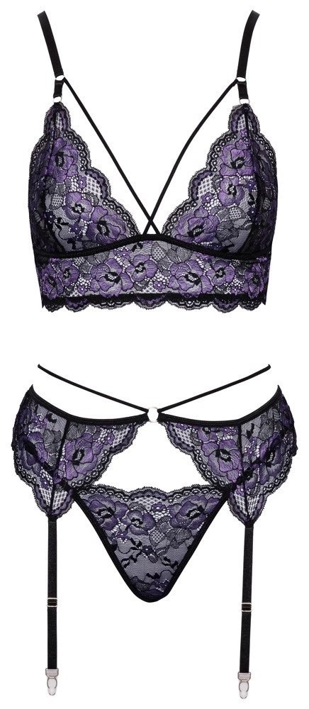 Cottelli LINGERIE - Seksowna Koronkowa Braletka Pas Do Pończoch I Stringi Czarny-Fioletowy M