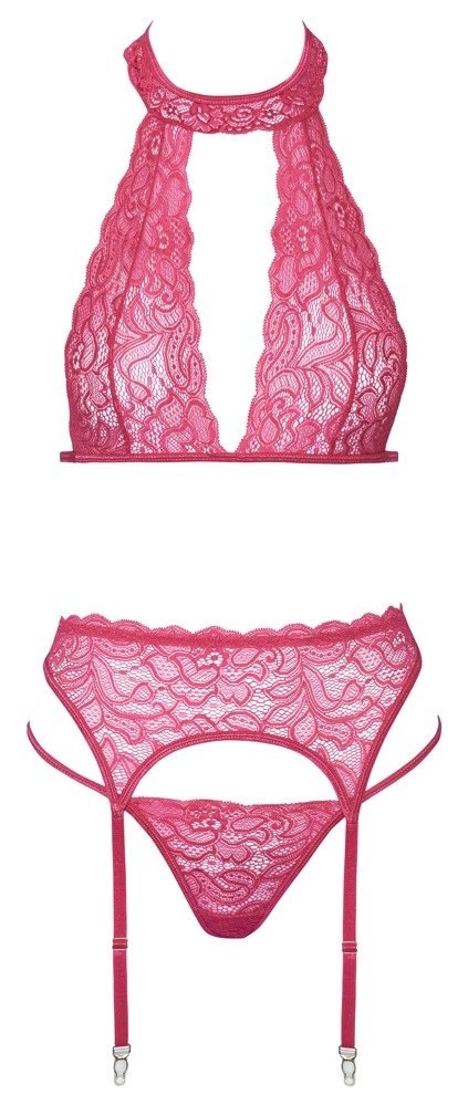 Cottelli LINGERIE - Seksowny Różowy Komplecik Biustonosz Pas I Stringi S/M