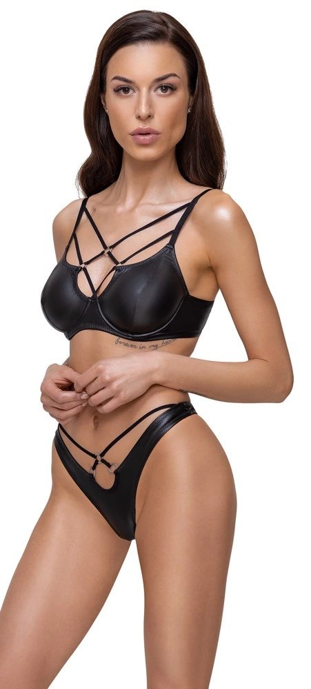 Cottelli LINGERIE - Czarny Matowy 2-Częściowy Set Z Ozdobnymi Paseczkami 85B/L