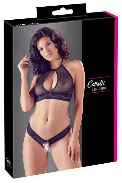 Cottelli LINGERIE - Siateczkowy Biustonosz I Otwarte Stringi Z Delikatną Koronką L/XL