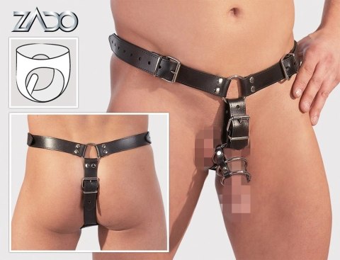 ZADO - Skórzane Stringi Męskie Z Dildo Analnym I 3 Pierścieniami Na Penisa L/XL