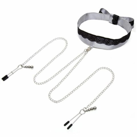 Obroża z zaciskami na sutki - Fifty Shades of Grey Play Nice Satin Collar & Nipple Clamps