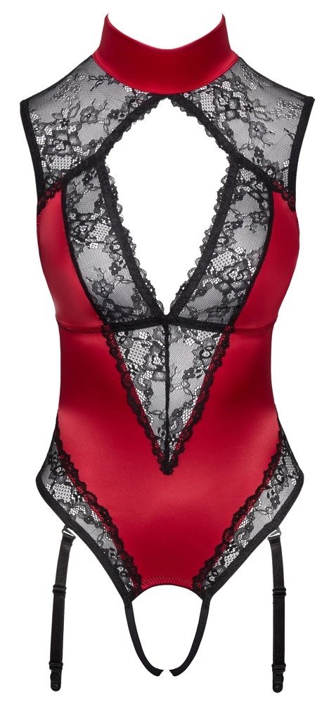 Cottelli LINGERIE - Seksowne Czerwone Body Z Delikatną Koronką Bez Krocza XL