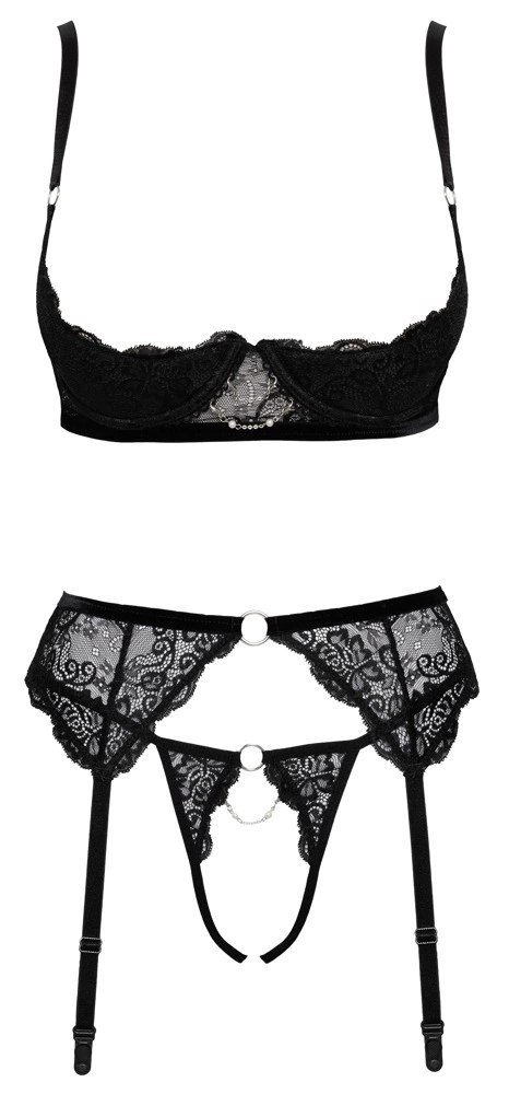 Cottelli LINGERIE - Seksowne Koronkowy 3-Częściowy Komplecik Czarny 75B/S